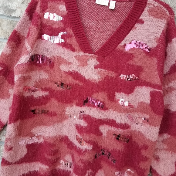 Lori Goldstein Logo Lounge Pink Brushed Camo Sequin V Neck Sweater (Wmns L) Soft - Picture 4 of 8